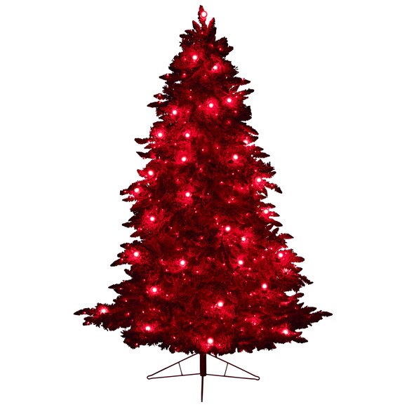 8 Red Flocked Fraser Fir Tree with 700 Red Lights 45 Globe Bulbs and 1468 Bendable Branches - SKU #T3511 - 2
