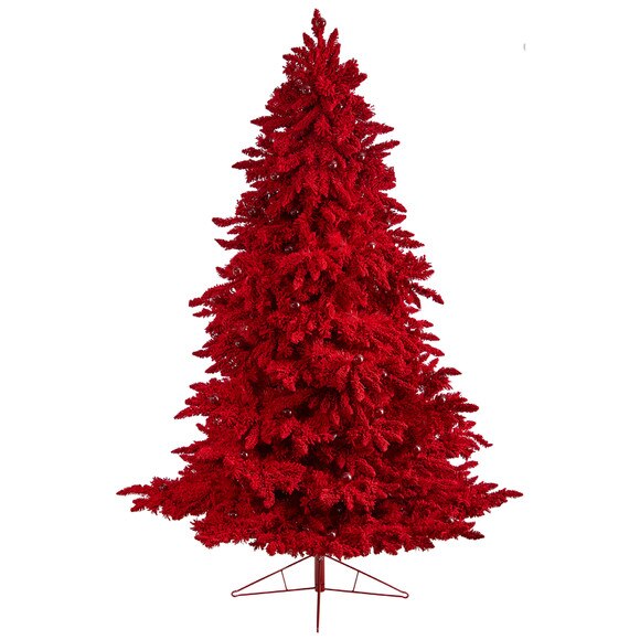 8 Red Flocked Fraser Fir Tree with 700 Red Lights 45 Globe Bulbs and 1468 Bendable Branches - SKU #T3511 - 3