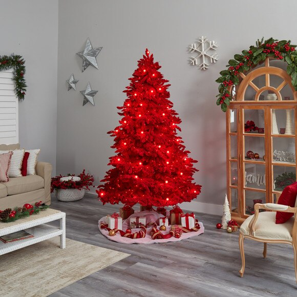 8 Red Flocked Fraser Fir Tree with 700 Red Lights 45 Globe Bulbs and 1468 Bendable Branches - SKU #T3511 - 8