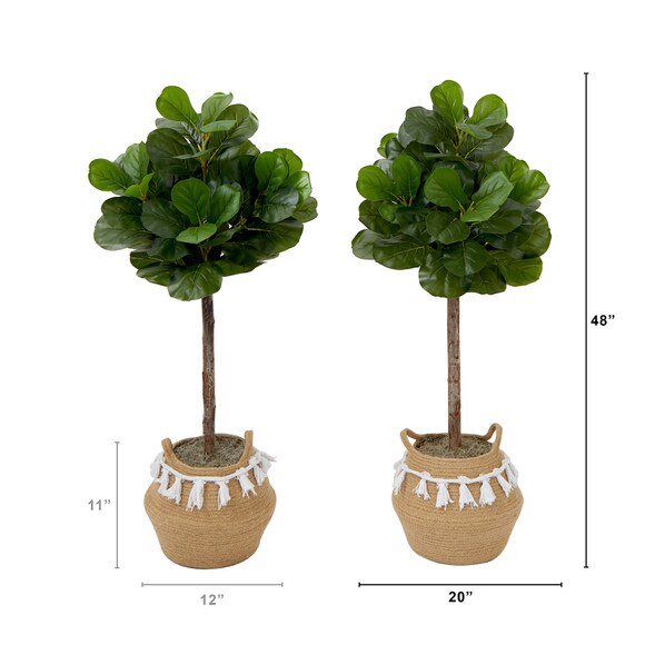4 Artificial Fiddle Leaf Fig Tree with Handmade Jute Cotton Basket with Tassels DIY KIT- Set of 2 - SKU #T4453-S2 - 1