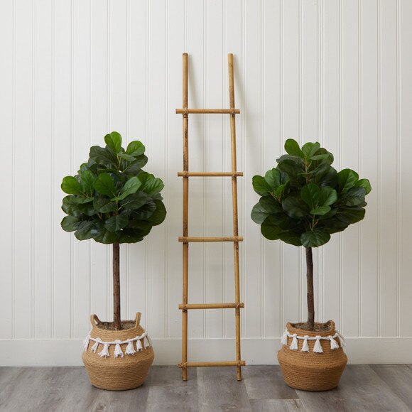 4 Artificial Fiddle Leaf Fig Tree with Handmade Jute Cotton Basket with Tassels DIY KIT- Set of 2 - SKU #T4453-S2 - 2