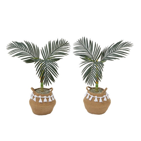 3 Artificial Golden Cane Palm Tree with Handmade Jute Cotton Basket with Tassels DIY KIT - Set of 2 - SKU #T4476-S2