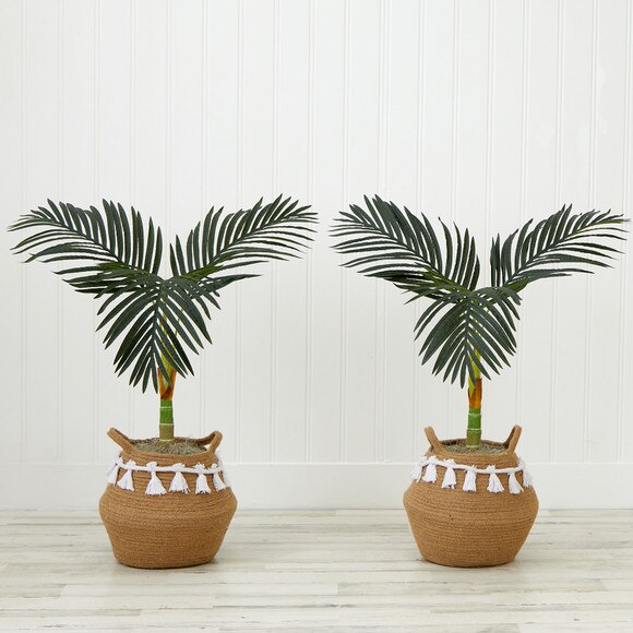 3 Artificial Golden Cane Palm Tree with Handmade Jute Cotton Basket with Tassels DIY KIT - Set of 2 - SKU #T4476-S2 - 2