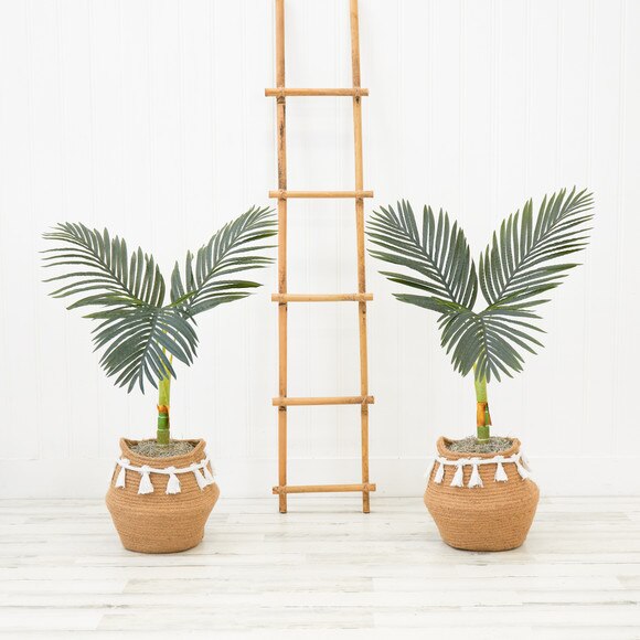 3 Artificial Golden Cane Palm Tree with Handmade Jute Cotton Basket with Tassels DIY KIT - Set of 2 - SKU #T4476-S2 - 3