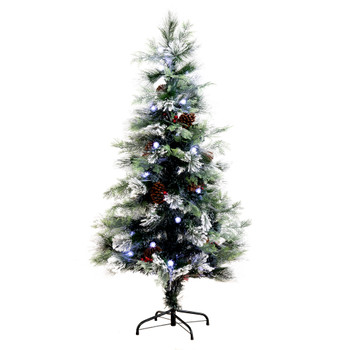 5 Flocked Pre-Lit Fiber Optic Artificial Pinecone Berries Christmas Tree with 48 White LED Lights - SKU #T4572