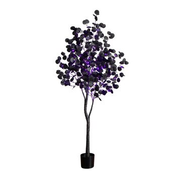 6-ft Pre-Lit Artificial Halloween Black Eucalyptus Tree with 300 Orange Purple LED Lights - SKU #T5223