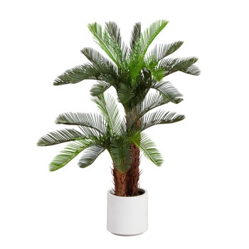 40-in UV Resistant Artificial Double Cycas Palm Tree in White Decorative Planter Indoor/Outdoor - SKU #T5356