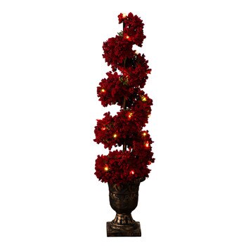 3-ft Pre-Lit Artificial Christmas Poinsettias and Berries Spiral Topiary Tree with 30 Warm White LED Lights - SKU #T5382