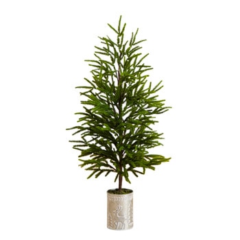 32-in Artificial Real Touch Norfolk Island Pine in Christmas Tin Metal Planter with Natural Look - SKU #T5388