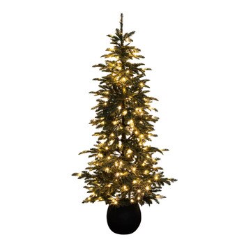 6-ft Pre-Lit Artificial Pine Christmas Tree in Round Black Decorative Planter with 60 Warm White LED Lights - SKU #T5391