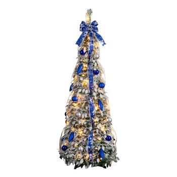 5-ft Pre-Lit Artificial Pop Up Flocked Christmas Tree with Silver Blue Ornaments Ribbons and 100 Warm White LED Lights - SKU #T5413