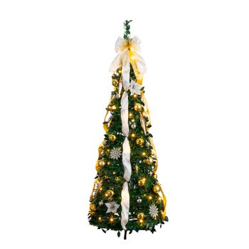 5-ft Pre-Lit Artificial Pop up Christmas Tree with Gold Silver Ornaments Ribbons and 100 Warm White LED Lights - SKU #T5414