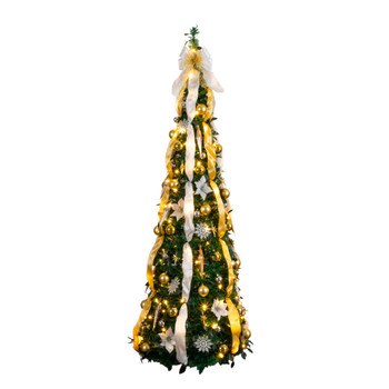 6-ft Pre-Lit Artificial Pop up Christmas Tree with Gold Silver Ornaments Ribbons and 150 Warm White LED Lights - SKU #T5415