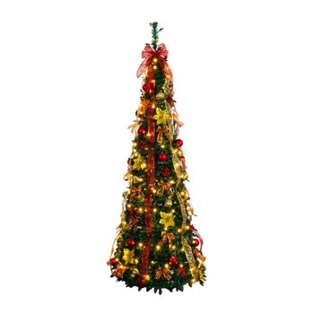 6-ft Pre-Lit Artificial Pop up Christmas Tree with Red Gold Ornaments Ribbons and 150 Warm White LED Lights - SKU #T5417