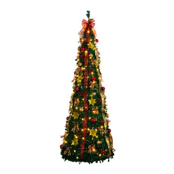 7-ft Pre-Lit Artificial Pop up Christmas Tree with Red Gold Ornaments Ribbons and 180 Warm White LED Lights - SKU #T5418