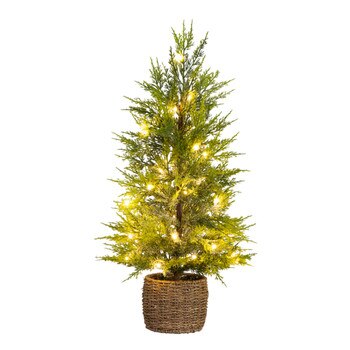 32-in Pre-Lit Artificial Lightly Snowed Cypress Christmas Tree with 30 Warm White LED Lights in Decorative Weaved Basket - SKU #T5422