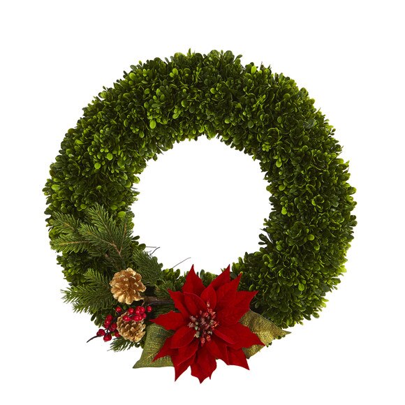 18 Tea Leaf Poinsettia and Pine Artificial Wreath - SKU #W1001