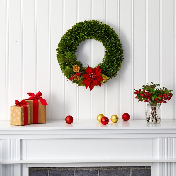 18 Tea Leaf Poinsettia and Pine Artificial Wreath - SKU #W1001 - 2