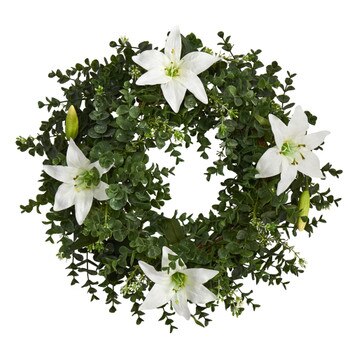 18 Eucalyptus and Lily Double Ring Artificial Wreath with Twig Base - SKU #W1016