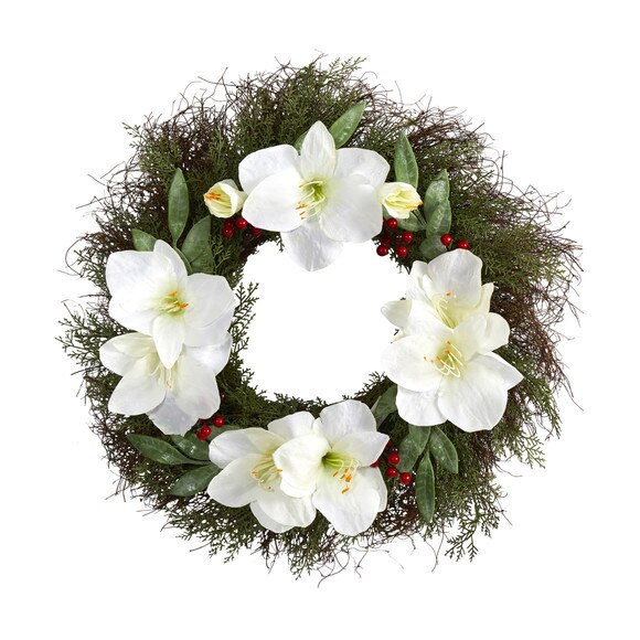 20 Cedar Amaryllis and Ruscus with Berries Artificial Wreath - SKU #W1019