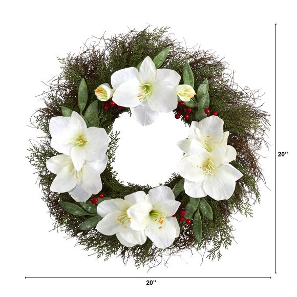 20 Cedar Amaryllis and Ruscus with Berries Artificial Wreath - SKU #W1019 - 1