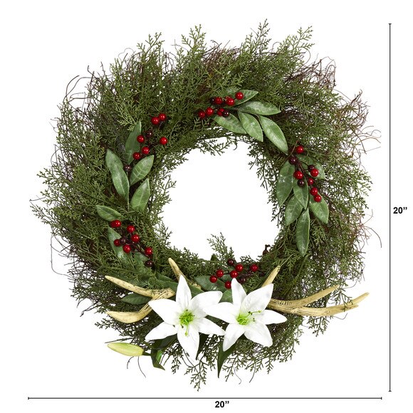 20 Cedar Antlers Lily and Ruscus with Berries Artificial Wreath - SKU #W1031 - 1