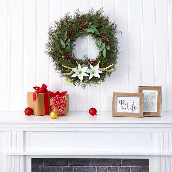20 Cedar Antlers Lily and Ruscus with Berries Artificial Wreath - SKU #W1031 - 2