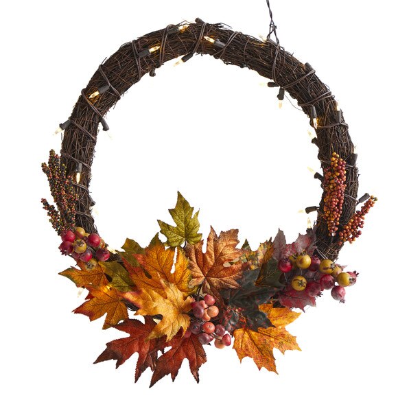 21 Maple Leaf and Berries Artificial Wreath with 50 Warm White LED Lights - SKU #W1040