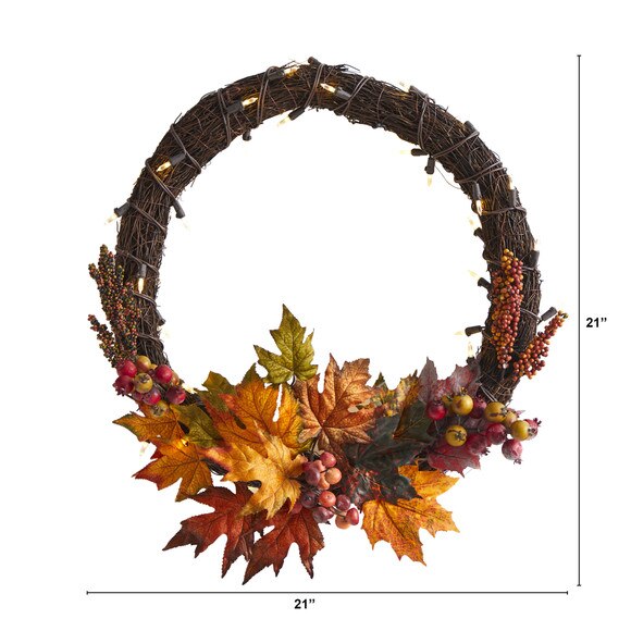 21 Maple Leaf and Berries Artificial Wreath with 50 Warm White LED Lights - SKU #W1040 - 1