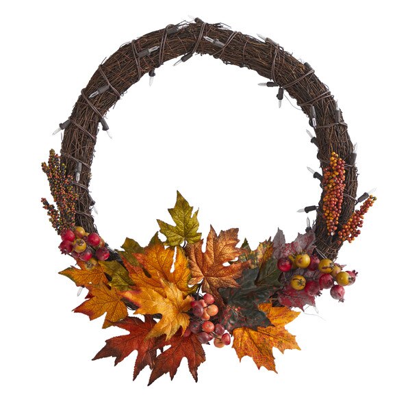21 Maple Leaf and Berries Artificial Wreath with 50 Warm White LED Lights - SKU #W1040 - 2