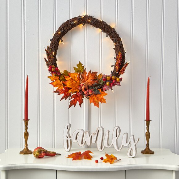 21 Maple Leaf and Berries Artificial Wreath with 50 Warm White LED Lights - SKU #W1040 - 3