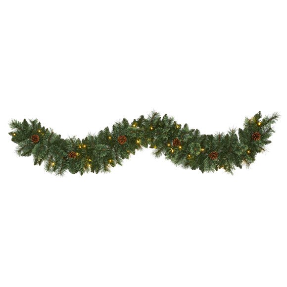 6 White Mountain Pine Artificial Garland with 35 White Warm LED Lights and Pinecones - SKU #W1101