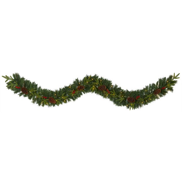 9 Mixed Pine Artificial Christmas Garland with 50 Clear LED Lights Berries and Pinecones - SKU #W1104