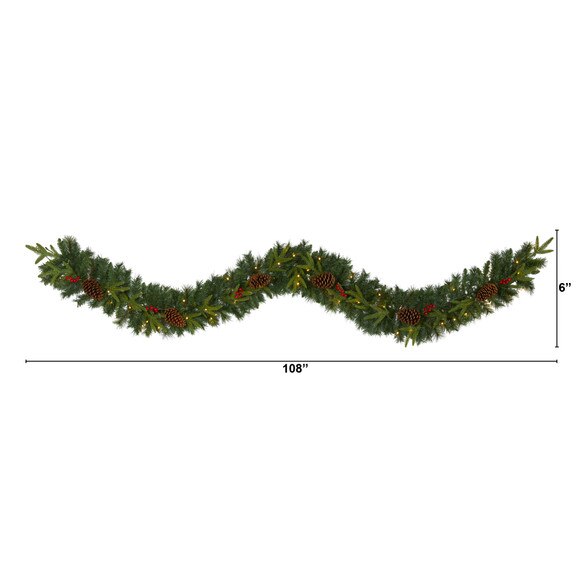 9 Mixed Pine Artificial Christmas Garland with 50 Clear LED Lights Berries and Pinecones - SKU #W1104 - 1