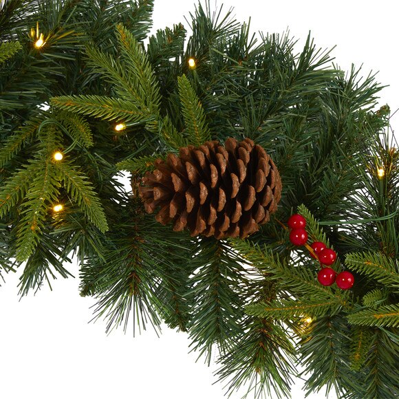 9 Mixed Pine Artificial Christmas Garland with 50 Clear LED Lights Berries and Pinecones - SKU #W1104 - 2