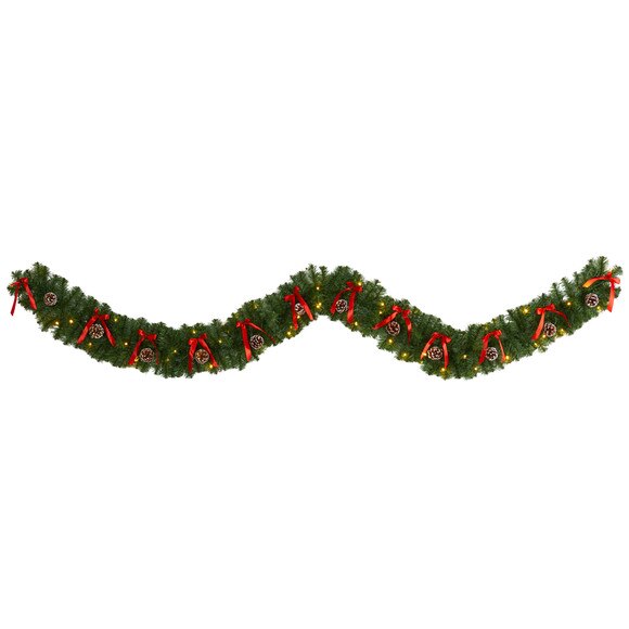 9 Bow and Pinecone Artificial Christmas Garland with 35 Clear LED Lights - SKU #W1105