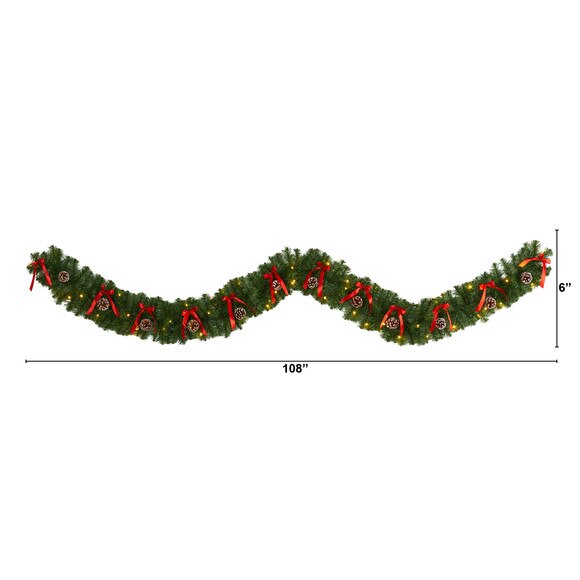 9 Bow and Pinecone Artificial Christmas Garland with 35 Clear LED Lights - SKU #W1105 - 1
