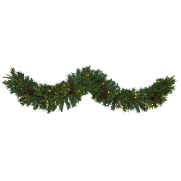 6 Mixed Pine Artificial Christmas Garland with 35 Clear LED Lights Berries and Pinecones - SKU #W1108