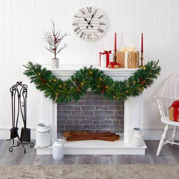 6 Mixed Pine Artificial Christmas Garland with 35 Clear LED Lights Berries and Pinecones - SKU #W1108 - 3