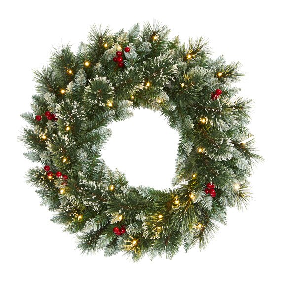 24 Frosted Swiss Pine Artificial Wreath with 35 Clear LED Lights and Berries - SKU #W1113