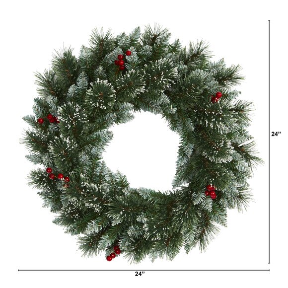 24 Frosted Swiss Pine Artificial Wreath with 35 Clear LED Lights and Berries - SKU #W1113 - 1