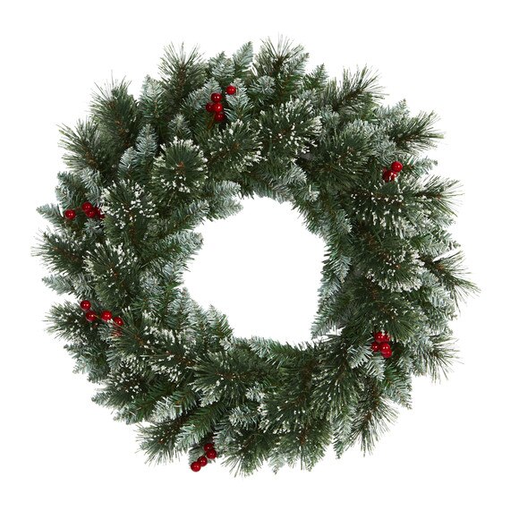24 Frosted Swiss Pine Artificial Wreath with 35 Clear LED Lights and Berries - SKU #W1113 - 2