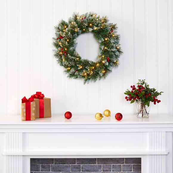 24 Frosted Swiss Pine Artificial Wreath with 35 Clear LED Lights and Berries - SKU #W1113 - 4