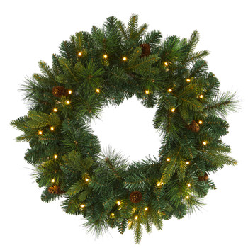 24 Mixed Pine Artificial Christmas Wreath with 35 Clear LED Lights and Pinecones - SKU #W1114