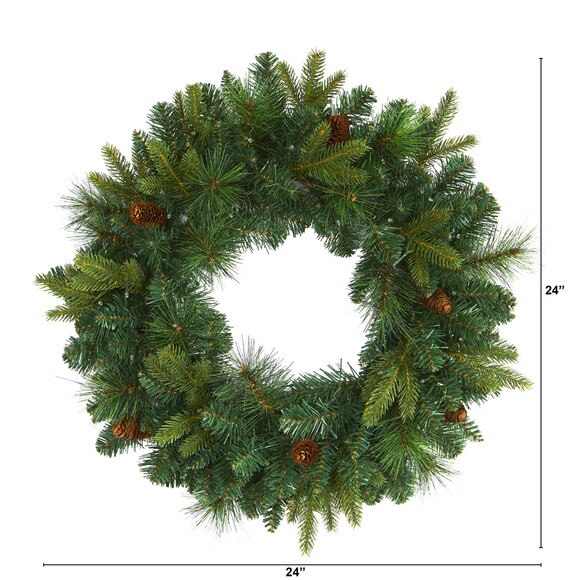 24 Mixed Pine Artificial Christmas Wreath with 35 Clear LED Lights and Pinecones - SKU #W1114 - 1