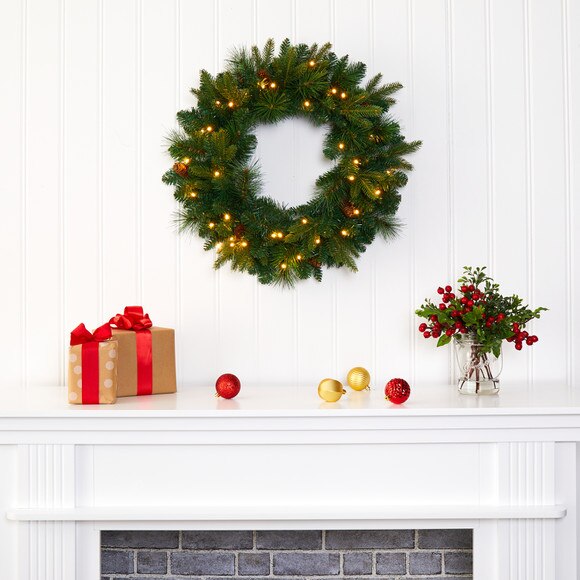 24 Mixed Pine Artificial Christmas Wreath with 35 Clear LED Lights and Pinecones - SKU #W1114 - 4