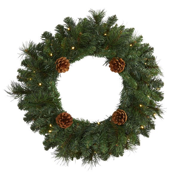 20 Pine Artificial Christmas Wreath with 35 LED Lights and Pinecones - SKU #W1116