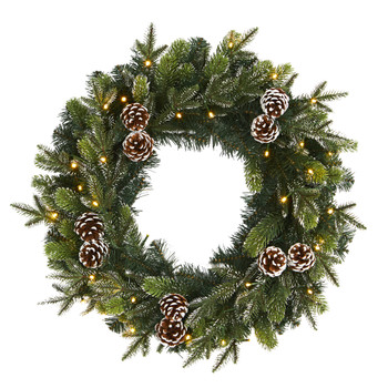 24 Snowed Pinecone Artificial Christmas Wreath with 35 Clear LED Lights - SKU #W1118