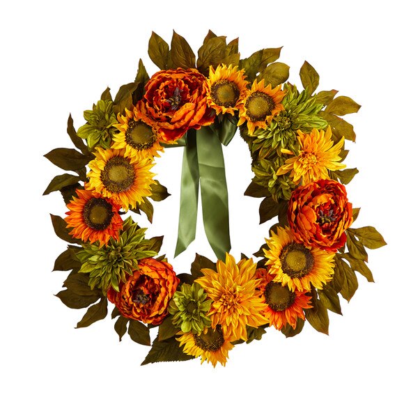 24 Peony Dahlia and Sunflower Artificial Wreath - SKU #W1121