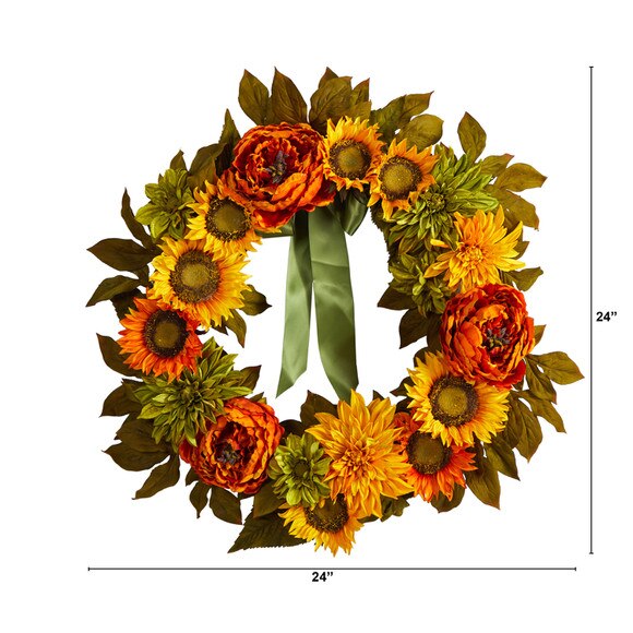 24 Peony Dahlia and Sunflower Artificial Wreath - SKU #W1121 - 1